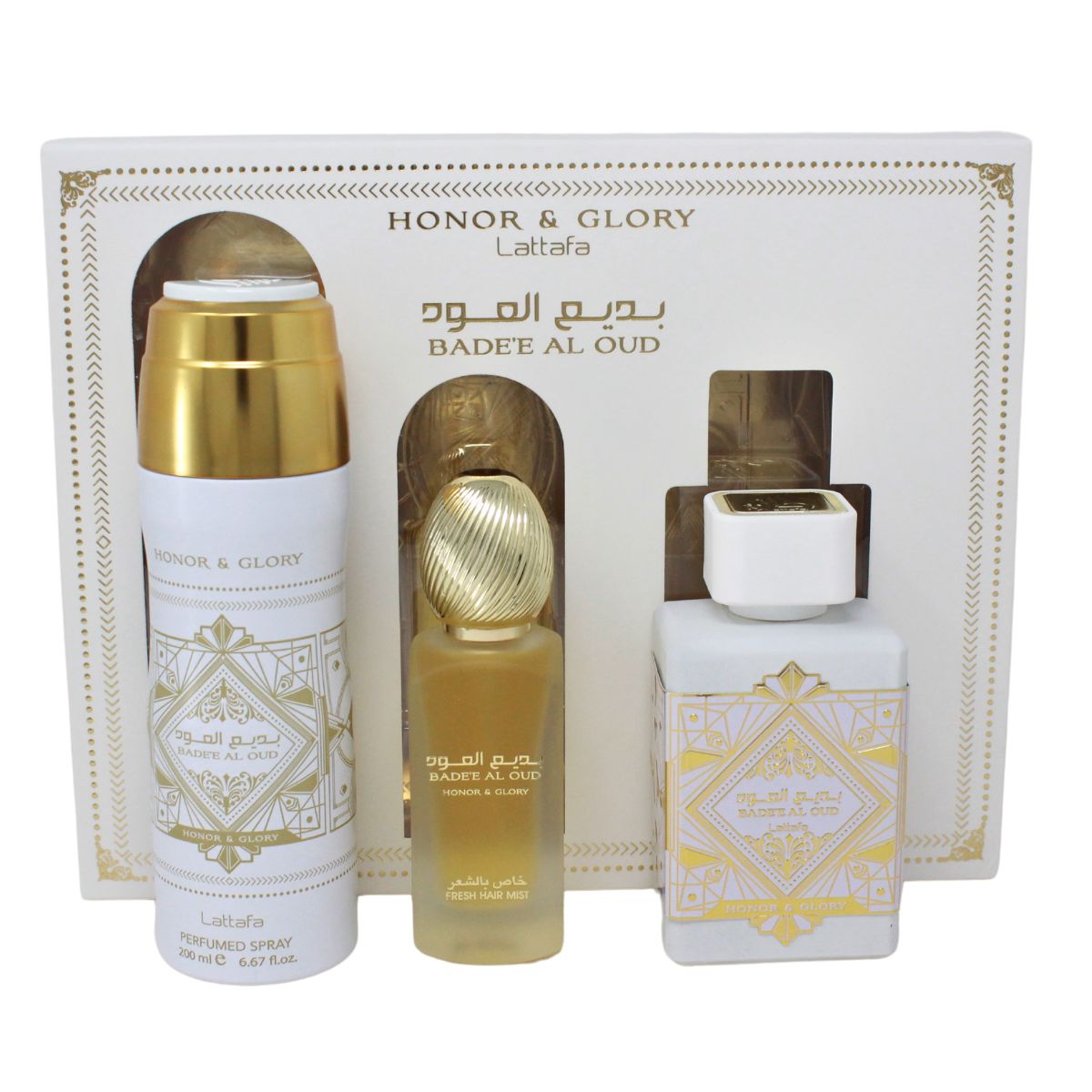 Sohrelia Perfumeria_Lattafa Bade´E Al Oud Honor & Glory 3 Pz Unisex