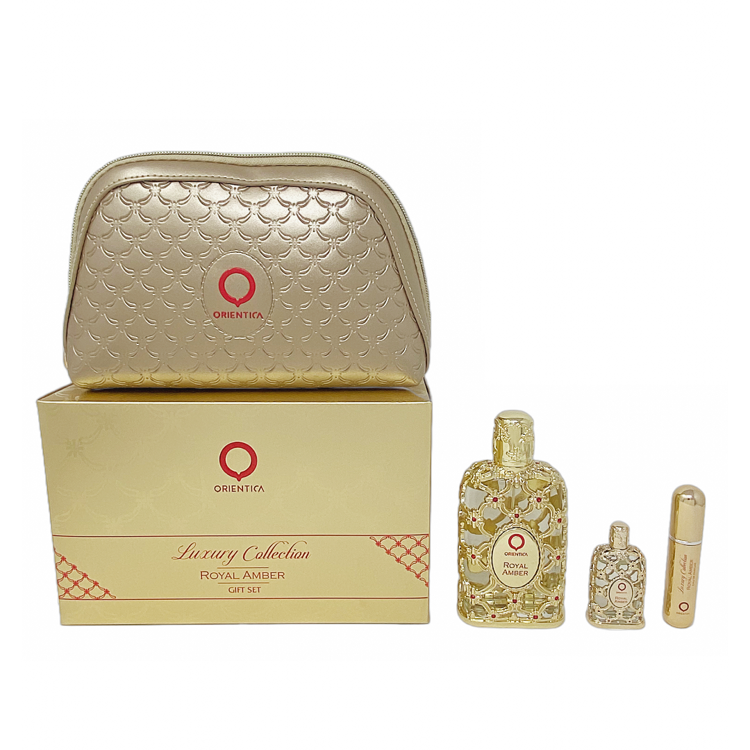 Sohrelia Perfumeria_Orientica Royal Amber Set De 4 Pz Con Mini Y Bolso Unisex