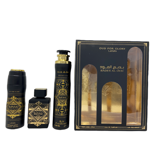 Sohrelia Perfumeria_Lattafa Bade´e Al Oud Oud For Glory Set De 3 Pz Unisex