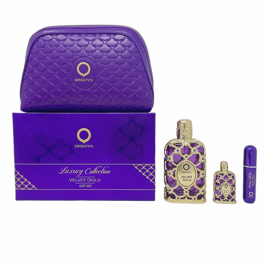 Sohrelia Perfumeria_Orientica Velvet Gold Set De 4 Pz Con Mini Y Bolso Unisex
